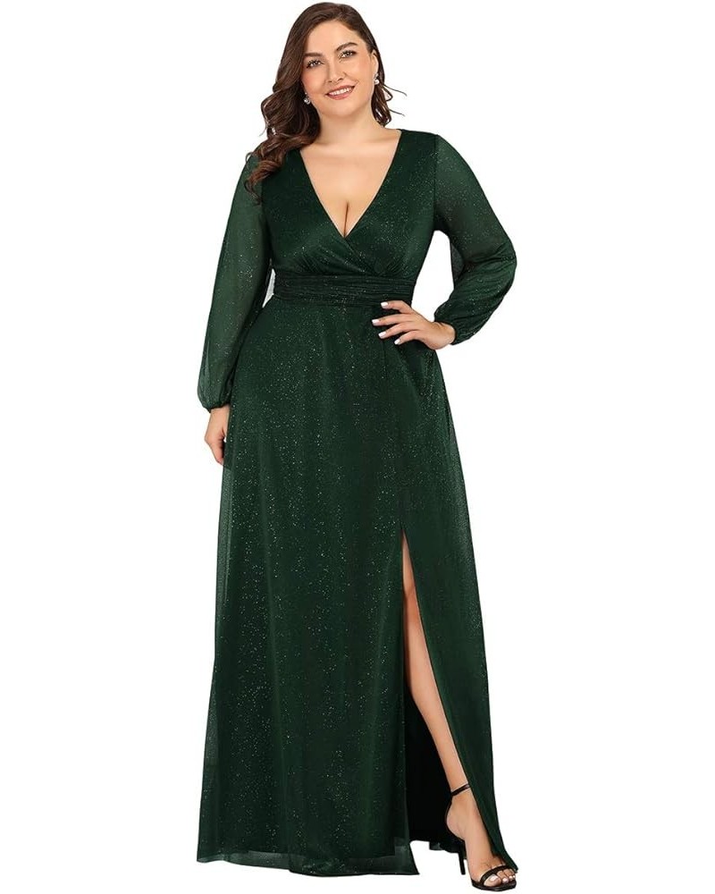 Size Women's Leg Slit V-Neck Sparkle Evening Party Dress with Sleeves 00739 Dark Green $39.51 Dresses