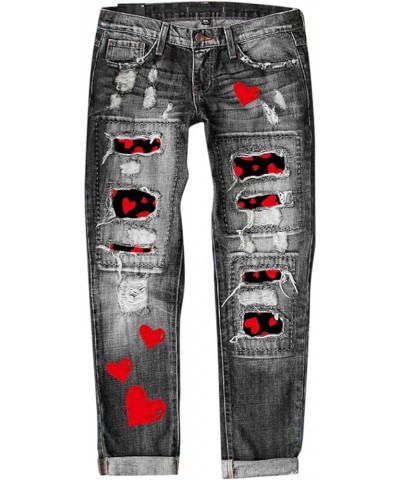 Women Valentine's Day Jeans Love Printed Holes Casual Denim Pants Stretchy Denim Pants Fold Hem Cropped Baggy Z19-1-black $16...