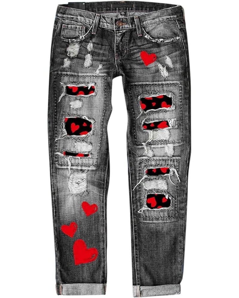 Women Valentine's Day Jeans Love Printed Holes Casual Denim Pants Stretchy Denim Pants Fold Hem Cropped Baggy Z19-1-black $16...