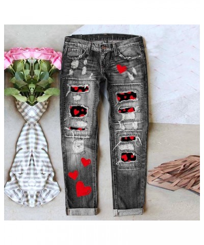 Women Valentine's Day Jeans Love Printed Holes Casual Denim Pants Stretchy Denim Pants Fold Hem Cropped Baggy Z19-1-black $16...