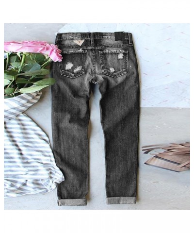 Women Valentine's Day Jeans Love Printed Holes Casual Denim Pants Stretchy Denim Pants Fold Hem Cropped Baggy Z19-1-black $16...