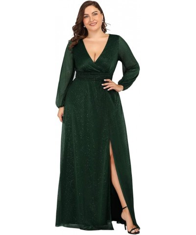 Size Women's Leg Slit V-Neck Sparkle Evening Party Dress with Sleeves 00739 Dark Green $39.51 Dresses