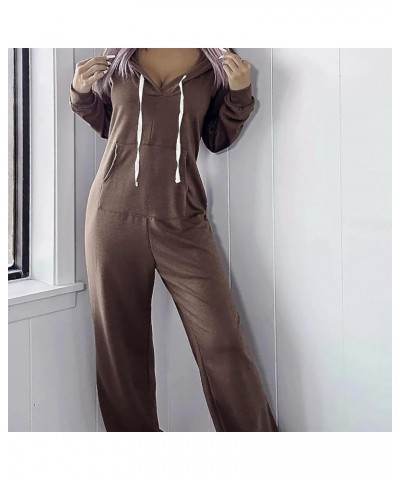 French Terry Jumpsuit Long Sleeve Hooded Jumpsuits with Pockets Oversized Wide Leg Overall Workout Onesie Romper Coffee $10.7...