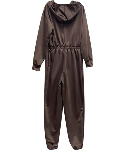 French Terry Jumpsuit Long Sleeve Hooded Jumpsuits with Pockets Oversized Wide Leg Overall Workout Onesie Romper Coffee $10.7...