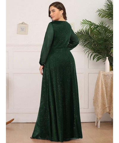 Size Women's Leg Slit V-Neck Sparkle Evening Party Dress with Sleeves 00739 Dark Green $39.51 Dresses