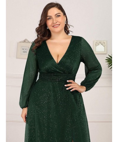 Size Women's Leg Slit V-Neck Sparkle Evening Party Dress with Sleeves 00739 Dark Green $39.51 Dresses