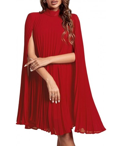 Women's Mock Neck Cloak Sleeve Pleated Keyhole Back Flowy Party Midi Dress Solid Red $24.91 Dresses