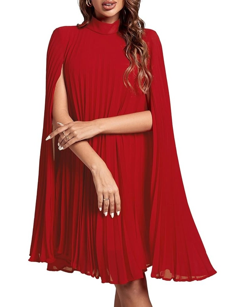 Women's Mock Neck Cloak Sleeve Pleated Keyhole Back Flowy Party Midi Dress Solid Red $24.91 Dresses