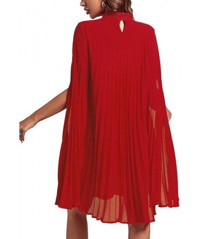 Women's Mock Neck Cloak Sleeve Pleated Keyhole Back Flowy Party Midi Dress Solid Red $24.91 Dresses