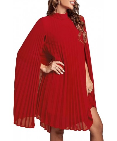 Women's Mock Neck Cloak Sleeve Pleated Keyhole Back Flowy Party Midi Dress Solid Red $24.91 Dresses