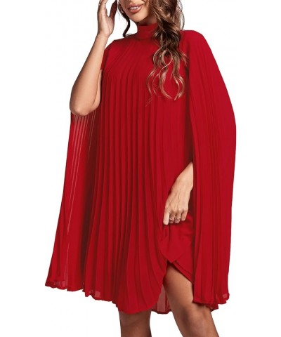 Women's Mock Neck Cloak Sleeve Pleated Keyhole Back Flowy Party Midi Dress Solid Red $24.91 Dresses