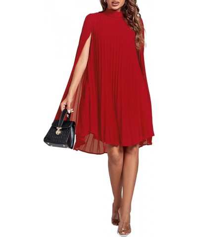 Women's Mock Neck Cloak Sleeve Pleated Keyhole Back Flowy Party Midi Dress Solid Red $24.91 Dresses