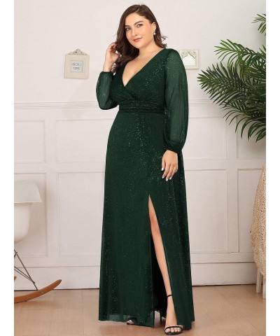 Size Women's Leg Slit V-Neck Sparkle Evening Party Dress with Sleeves 00739 Dark Green $39.51 Dresses