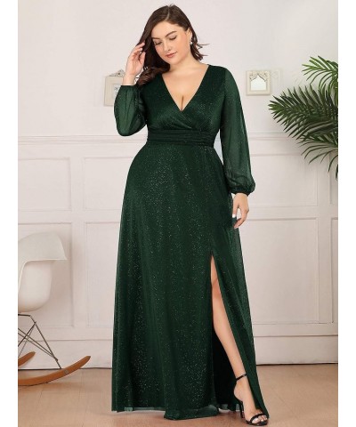 Size Women's Leg Slit V-Neck Sparkle Evening Party Dress with Sleeves 00739 Dark Green $39.51 Dresses