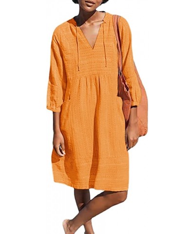 Womens V Neck Cotton Casual Loose Shift Tunic Smock Summer Dresses Vacation Dress 3/4 Sleeve Pocket Ochre $13.02 Dresses