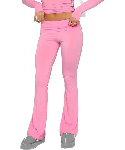 Flare Leggings, Low Rise Bootcut Wide Leg Foldover Yoga Pants Lounge Y2k Bell Bottom Leggings for Women Hot Pink $15.30 Leggings