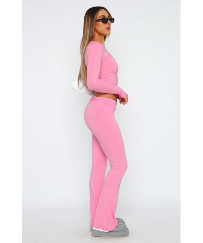 Flare Leggings, Low Rise Bootcut Wide Leg Foldover Yoga Pants Lounge Y2k Bell Bottom Leggings for Women Hot Pink $15.30 Leggings