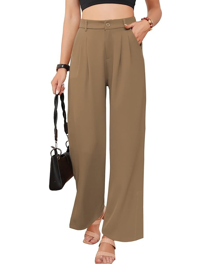 Women's Palazzo Pants，(Petite Regular Plus Sizes) Split Elastic High Waist Casual Wide Leg Pants Slacks for Women Brown-fabri...