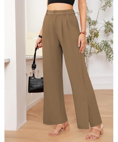 Women's Palazzo Pants，(Petite Regular Plus Sizes) Split Elastic High Waist Casual Wide Leg Pants Slacks for Women Brown-fabri...