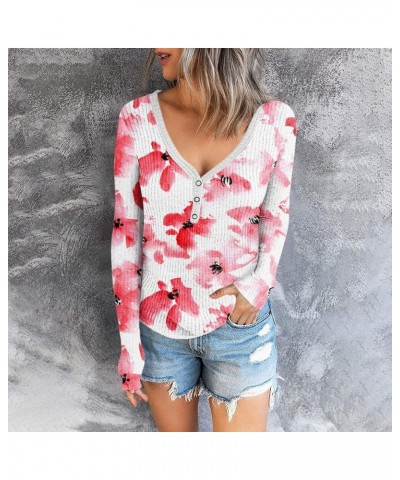 Ribbed Long Sleeve Tops for Women Sexy Casual Fall Blouses Tunics V Neck Button Henley Shirt 2023 E018- Hot Pink $8.24 Tops