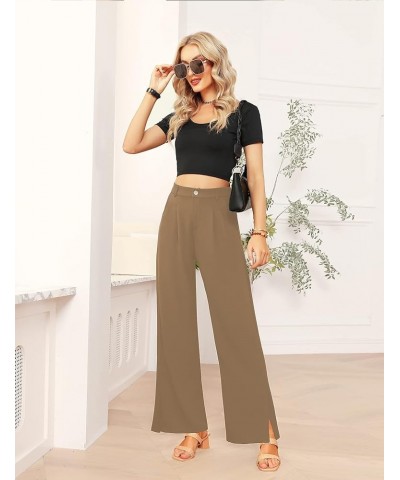 Women's Palazzo Pants，(Petite Regular Plus Sizes) Split Elastic High Waist Casual Wide Leg Pants Slacks for Women Brown-fabri...