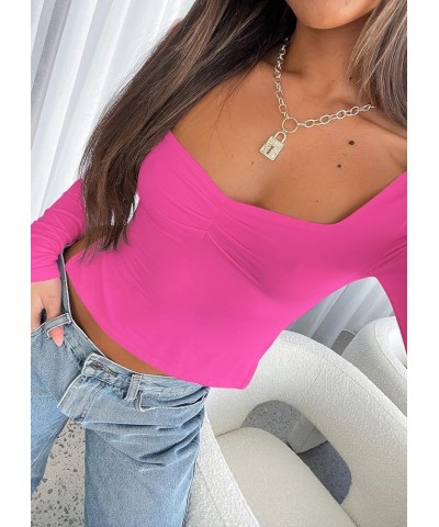 Womens 2023 Trendy Tops Going Out Crop Tops Y2K Long Sleeve Bustier Top Cute Sweetheart Neck Tee Shirt with Slit Rose Red $12...