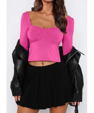 Womens 2023 Trendy Tops Going Out Crop Tops Y2K Long Sleeve Bustier Top Cute Sweetheart Neck Tee Shirt with Slit Rose Red $12...