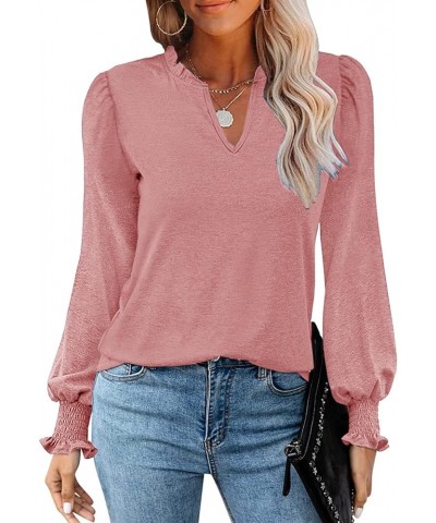 Women's Puff Long Sleeve T Shirt Fall Cute Dressy Casual Ruffle V Neck Tunic Tops Pink $9.34 Tops