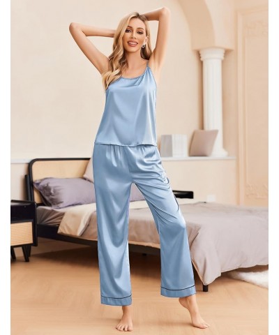 Women Satin Pajamas Silk Sleeveless Pjs Set Soft Camisole Tops and Pants with Pockets S-XXL Clear Blue $15.40 Sleep & Lounge