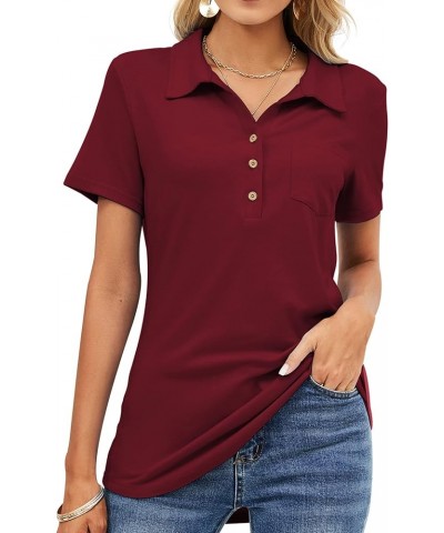 Womens Short Sleeve Polo T Shirts V Neck Business Casual Collared Button Down Tunics Office Work Tops with Pocket Wine Red $1...