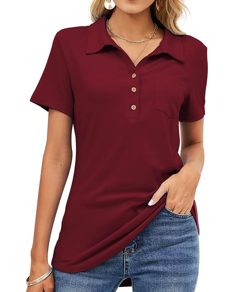 Womens Short Sleeve Polo T Shirts V Neck Business Casual Collared Button Down Tunics Office Work Tops with Pocket Wine Red $1...