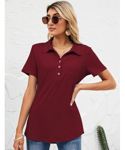 Womens Short Sleeve Polo T Shirts V Neck Business Casual Collared Button Down Tunics Office Work Tops with Pocket Wine Red $1...