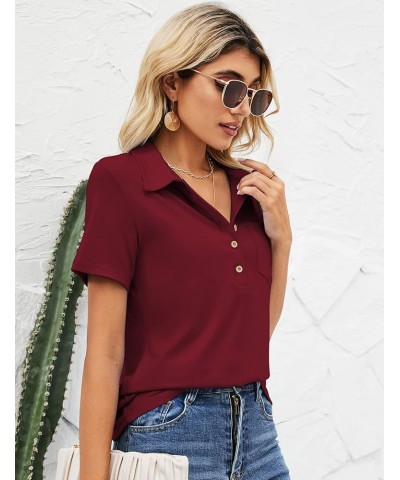 Womens Short Sleeve Polo T Shirts V Neck Business Casual Collared Button Down Tunics Office Work Tops with Pocket Wine Red $1...