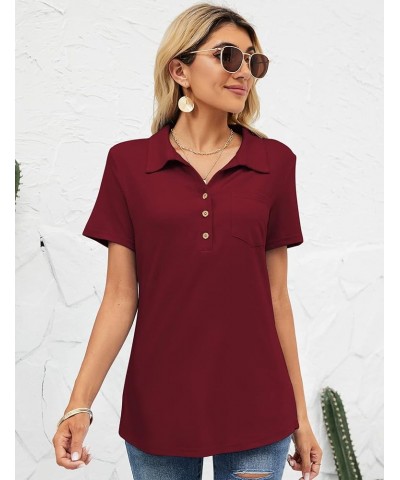 Womens Short Sleeve Polo T Shirts V Neck Business Casual Collared Button Down Tunics Office Work Tops with Pocket Wine Red $1...