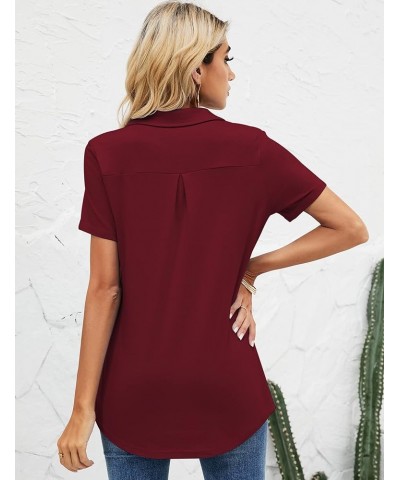 Womens Short Sleeve Polo T Shirts V Neck Business Casual Collared Button Down Tunics Office Work Tops with Pocket Wine Red $1...