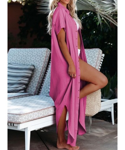 Womens Casual Short Sleeve Side Split Button Down Long Kimonos Cardigans Swimsuit Cover Ups Summer Beach Dress Rose $19.62 Sw...