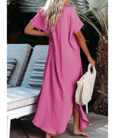 Womens Casual Short Sleeve Side Split Button Down Long Kimonos Cardigans Swimsuit Cover Ups Summer Beach Dress Rose $19.62 Sw...