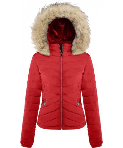 Women's Quilted Winter Bomber Jacket with Pockets Red4 $31.25 Jackets