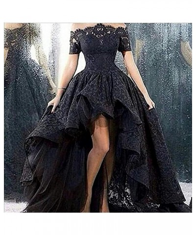 Lace Prom Dress Black Short Sleeve Hi Lo Evening Dress Off The Shoulder Formal Gown Apurple-zipper $42.55 Dresses