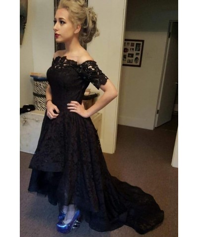 Lace Prom Dress Black Short Sleeve Hi Lo Evening Dress Off The Shoulder Formal Gown Apurple-zipper $42.55 Dresses