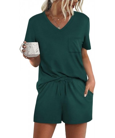 Women's Short Sleeve Pajama Sets with Pockets Casual V Neck 2 Piece Lounge Sets S-3XL 16-dark Green $13.06 Sleep & Lounge