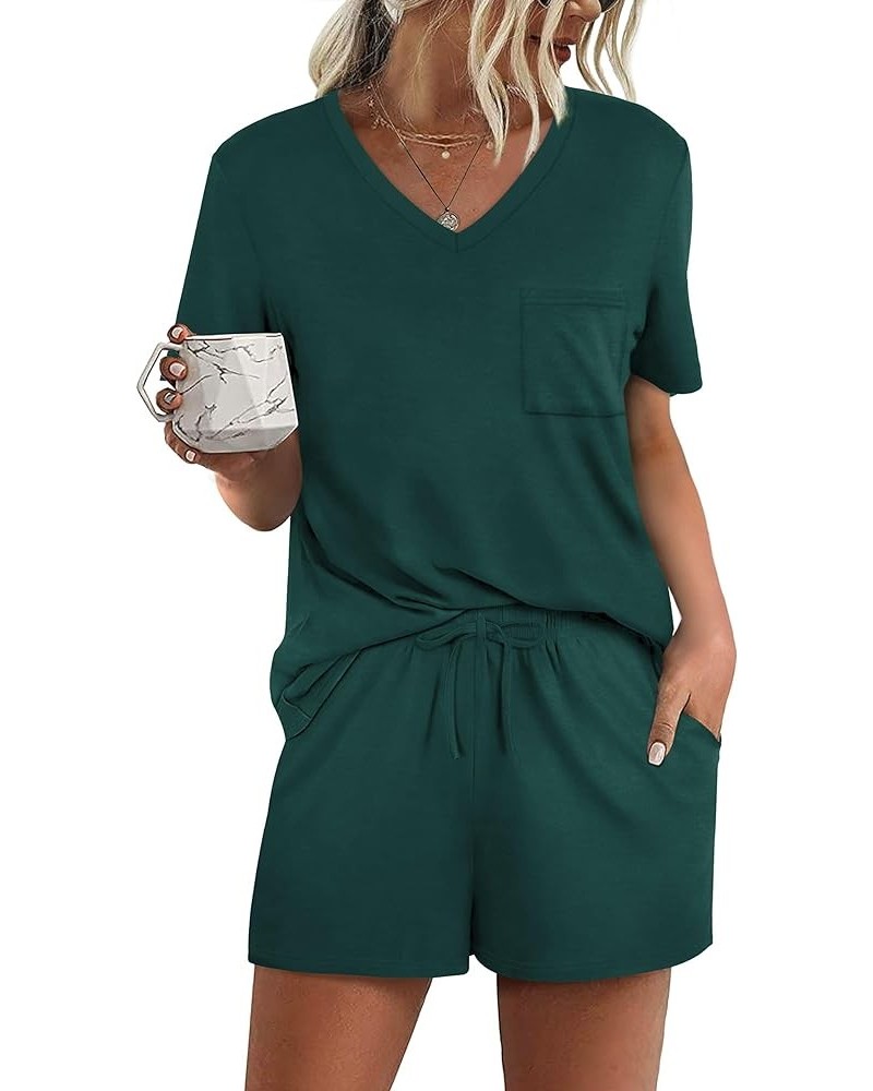 Women's Short Sleeve Pajama Sets with Pockets Casual V Neck 2 Piece Lounge Sets S-3XL 16-dark Green $13.06 Sleep & Lounge