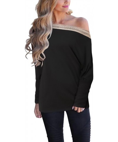 Womens Casual Tunic Blouse Tops Long Sleeve Lace Off Shoulder Loose T Shirts Batwing Pullover Tee Long Sleeve Black $11.53 Tops