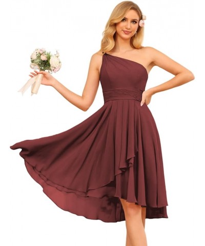 One Shoulder Short Bridesmaid Dresses with Pockets 2024 Ruffles Chiffon Pleats Formal Party Dress Wine Red $27.00 Dresses