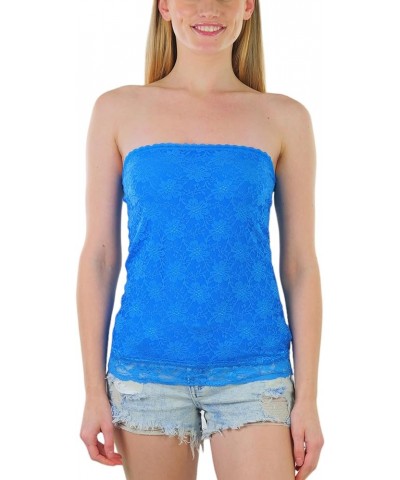 Women's Cotton-Spandex Blend Stretchy Tube Top Floral Lase Layering Tube Top - Royal Blue $9.87 Tanks