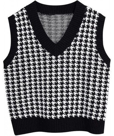 Women's Sweater Vest Casual Sleeveless V Neck Houndstooth Knit Sweater 2023 Fall Aesthetic Argyle Sweaters Y2K Tops A-black $...