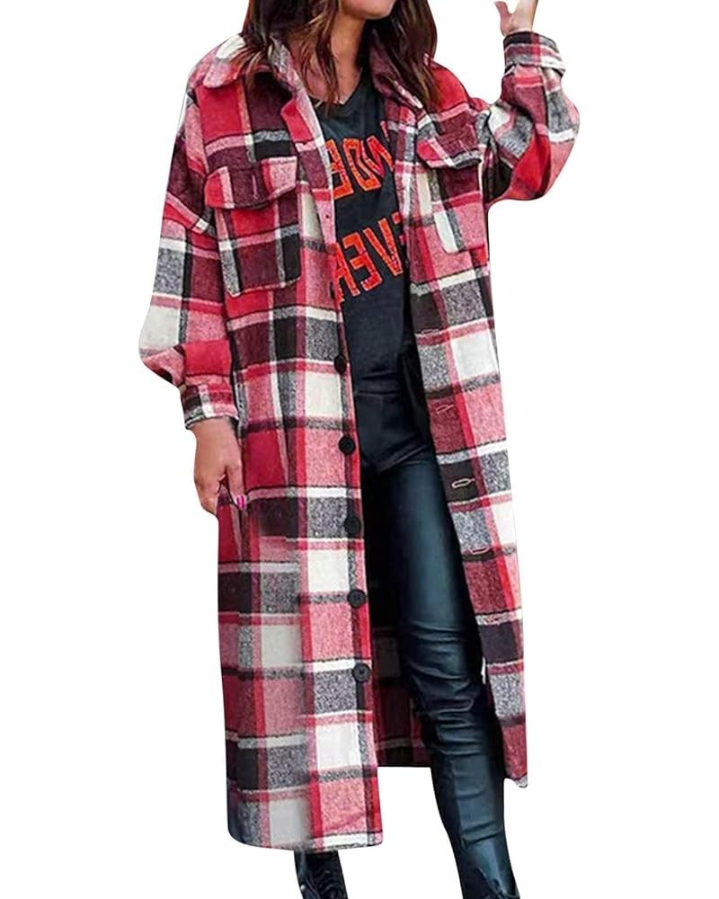 Plaid Shacket Womens,Womens Flannel Plaid Shirts Roll Up Long Sleeve Pockets Mid-Long Casual Boyfriend Shirts Red $15.38 Blouses