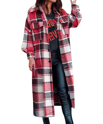 Plaid Shacket Womens,Womens Flannel Plaid Shirts Roll Up Long Sleeve Pockets Mid-Long Casual Boyfriend Shirts Red $15.38 Blouses