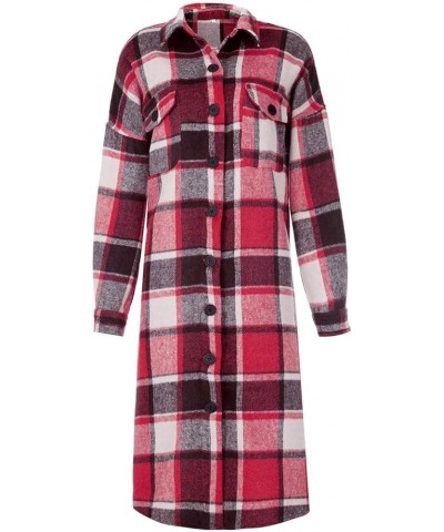 Plaid Shacket Womens,Womens Flannel Plaid Shirts Roll Up Long Sleeve Pockets Mid-Long Casual Boyfriend Shirts Red $15.38 Blouses