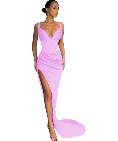 Women's Mermaid High Slit V-Neck Prom Dresses Long Satin Sweetheart Party Gowns with Train Lilac $32.25 Dresses